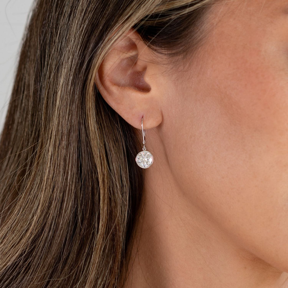 3.80 CTW DEW Round Moissanite Bezel Drop Earrings in 14K White Gold