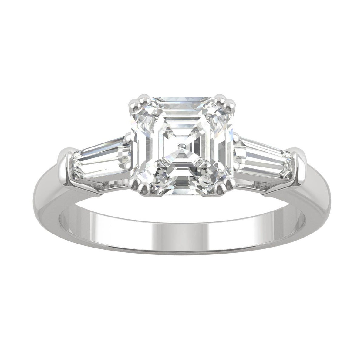 1.67 CTW DEW Asscher Moissanite Three-Stone Engagement Ring in 14K White Gold