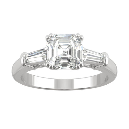 1.67 CTW DEW Asscher Moissanite Three-Stone Engagement Ring in 14K White Gold