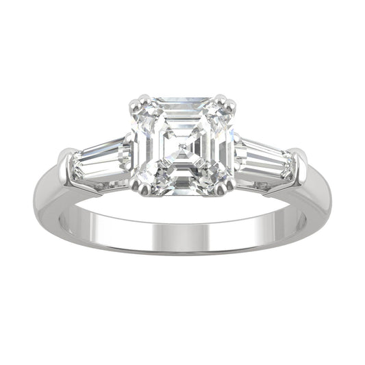 1.67 CTW DEW Asscher Moissanite Three-Stone Engagement Ring in 14K White Gold