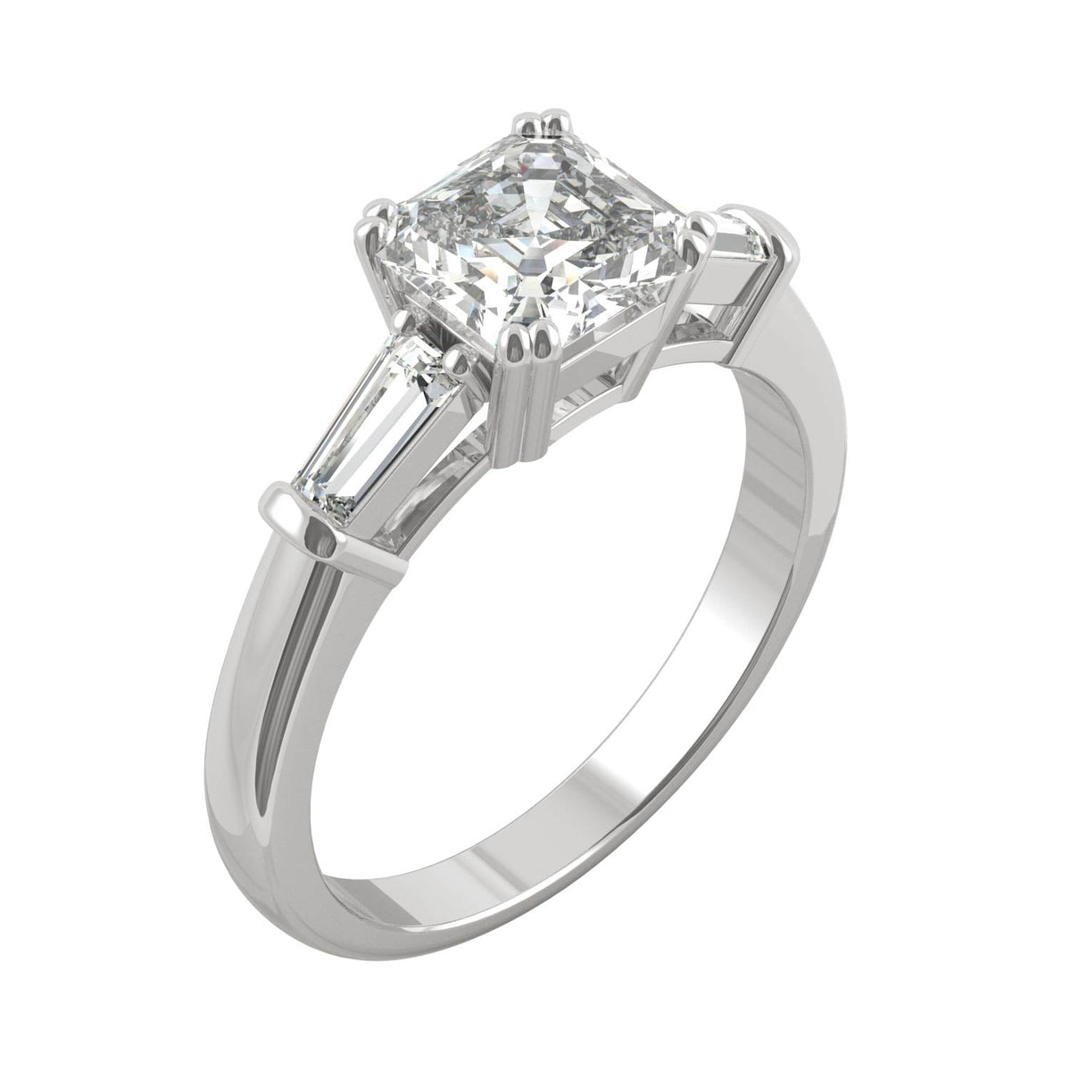 1.67 CTW DEW Asscher Moissanite Three-Stone Engagement Ring in 14K White Gold
