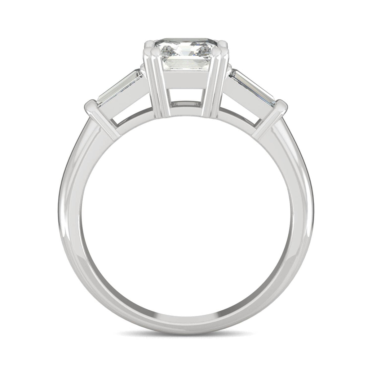 1.67 CTW DEW Asscher Moissanite Three-Stone Engagement Ring in 14K White Gold