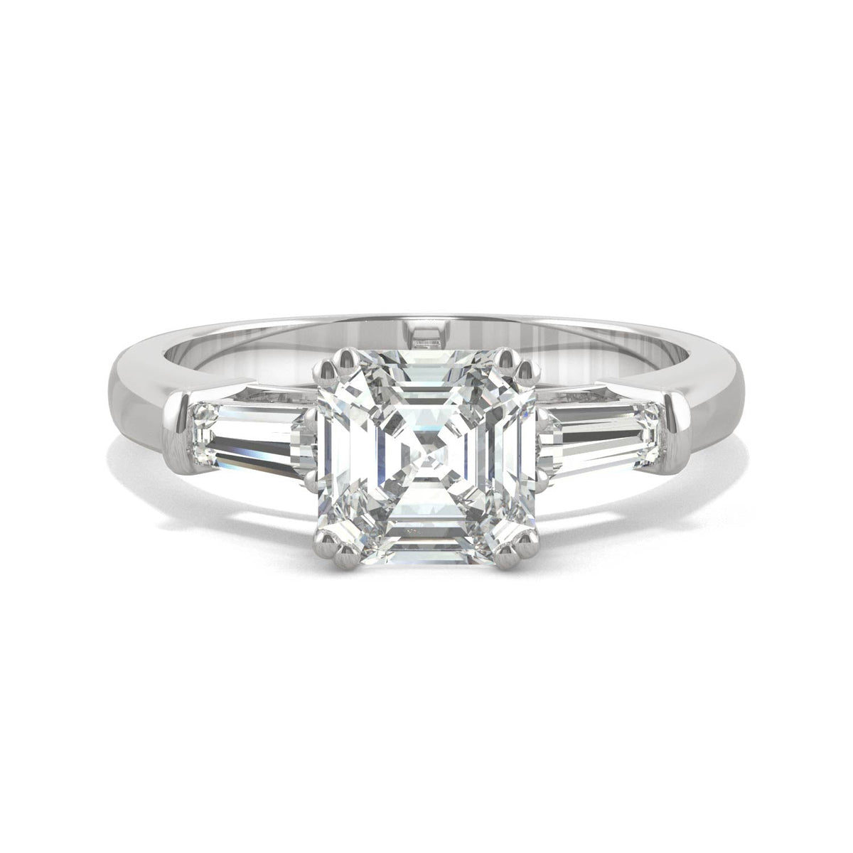 1.67 CTW DEW Asscher Moissanite Three-Stone Engagement Ring in 14K White Gold