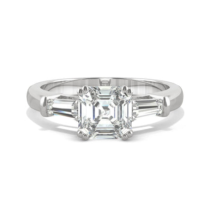 1.67 CTW DEW Asscher Moissanite Three-Stone Engagement Ring in 14K White Gold