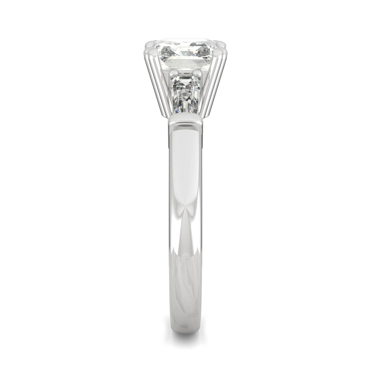 1.67 CTW DEW Asscher Moissanite Three-Stone Engagement Ring in 14K White Gold