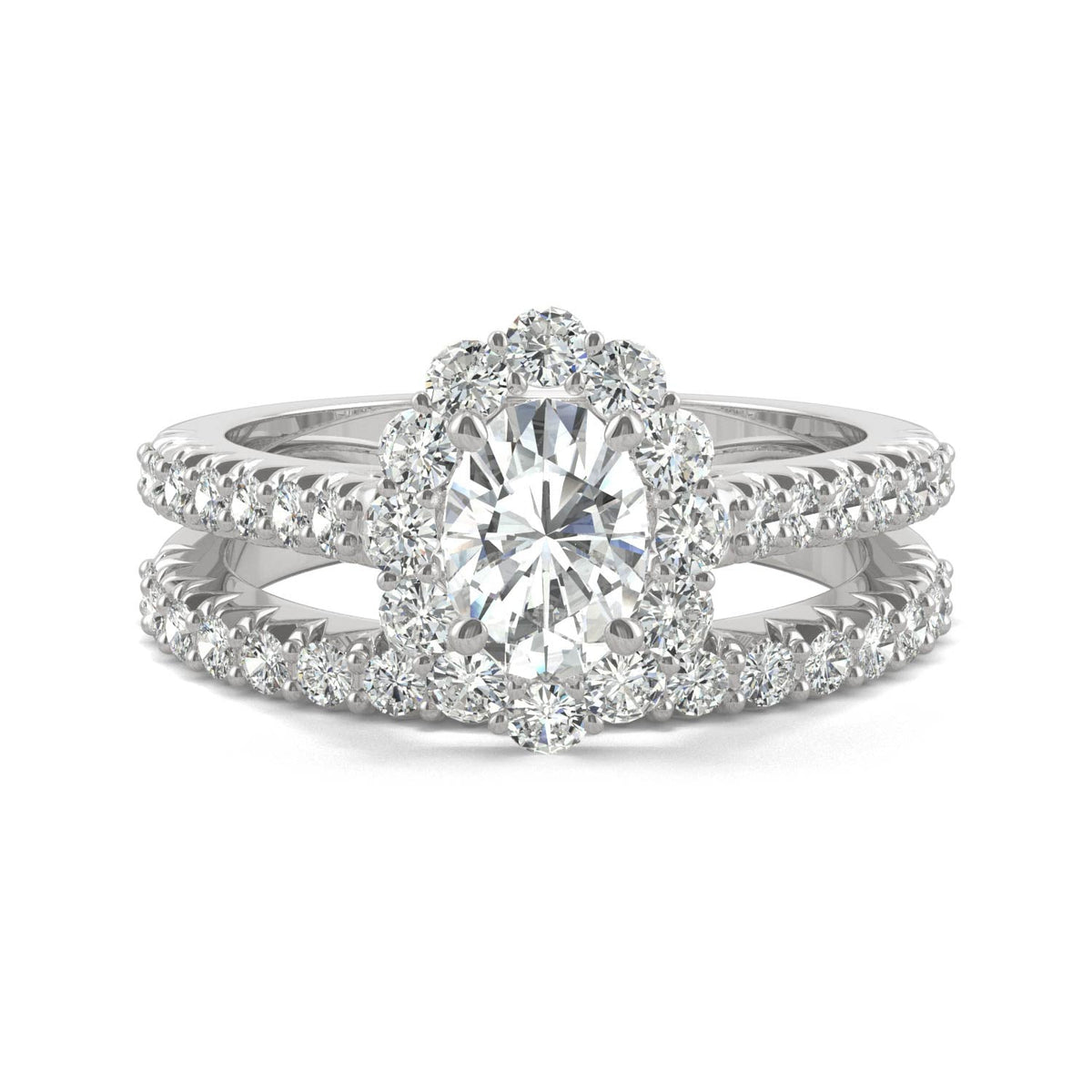 1.88 CTW DEW Oval Moissanite Halo Bridal Set in 14K White Gold