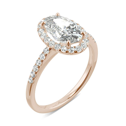 2.62 CTW DEW Elongated Oval Moissanite Halo Ring in 14K Rose Gold