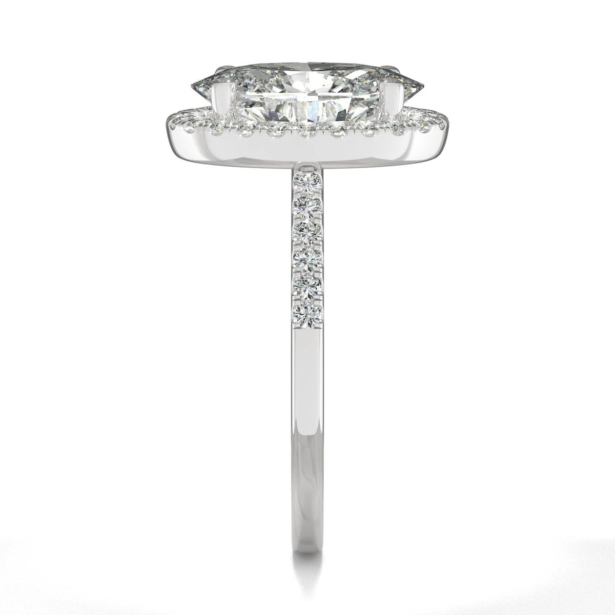 4.75 CTW DEW Elongated Oval Moissanite Halo Ring in 14K White Gold