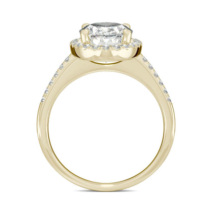 4.75 CTW DEW Elongated Oval Moissanite Halo Ring in 14K Yellow Gold
