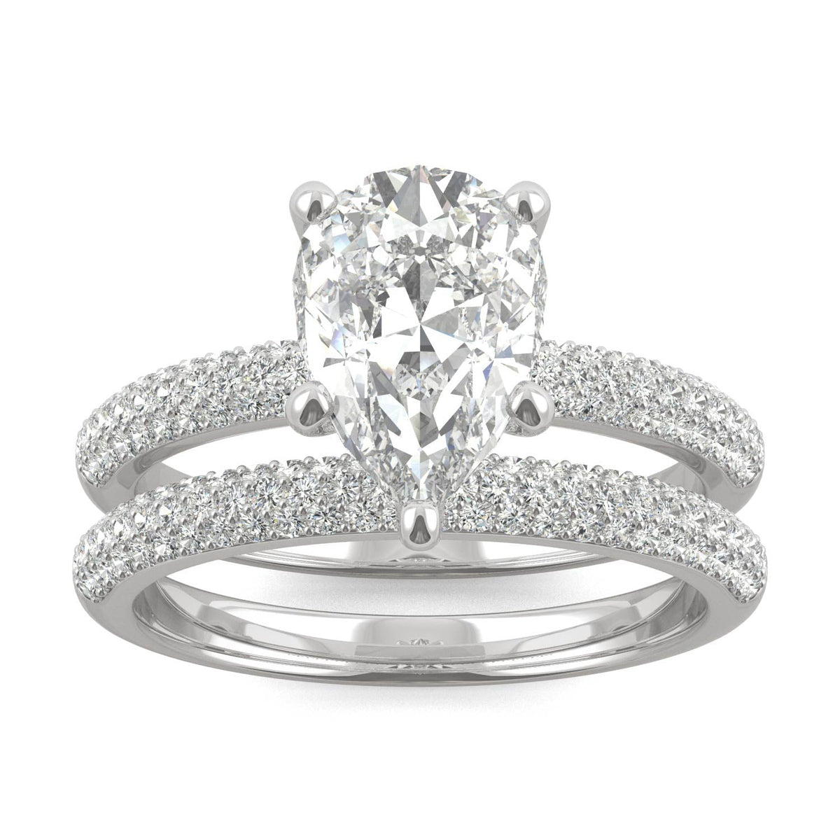 2.54 CTW DEW Pear Side-Stone Pavé Moissanite Bridal Set in 14K White Gold