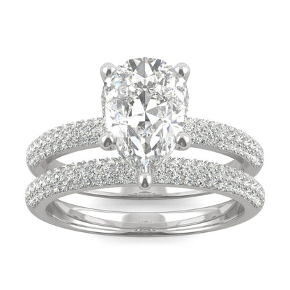2.54 CTW DEW Pear Side-Stone Pavé Moissanite Bridal Set in 14K White Gold