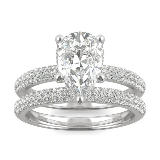 2.54 CTW DEW Pear Side-Stone Pavé Moissanite Bridal Set in 14K White Gold