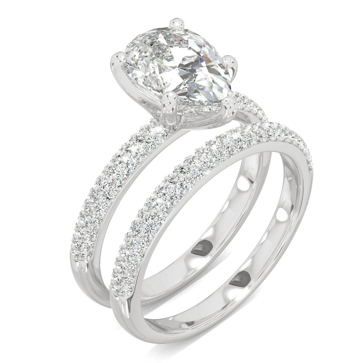 2.54 CTW DEW Pear Side-Stone Pavé Moissanite Bridal Set in 14K White Gold