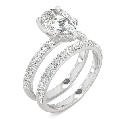 2.54 CTW DEW Pear Side-Stone Pavé Moissanite Bridal Set in 14K White Gold