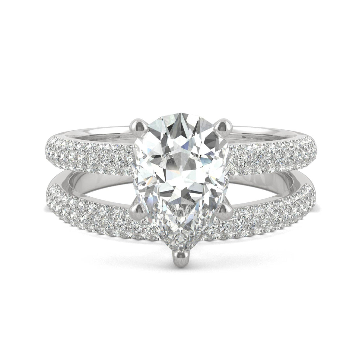 2.54 CTW DEW Pear Side-Stone Pavé Moissanite Bridal Set in 14K White Gold