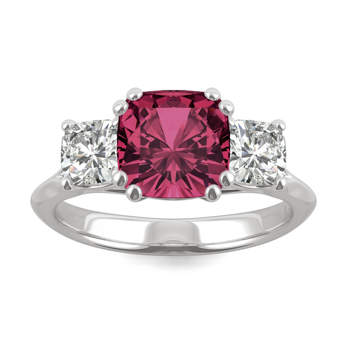 1.00 CTW DEW Cushion Created Ruby Three-Stone Ring in 14K White Gold