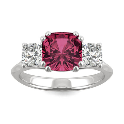 1.00 CTW DEW Cushion Created Ruby Three-Stone Ring in 14K White Gold
