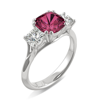 1.00 CTW DEW Cushion Created Ruby Three-Stone Ring in 14K White Gold