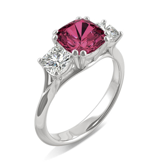 1.00 CTW DEW Cushion Created Ruby Three-Stone Ring in 14K White Gold