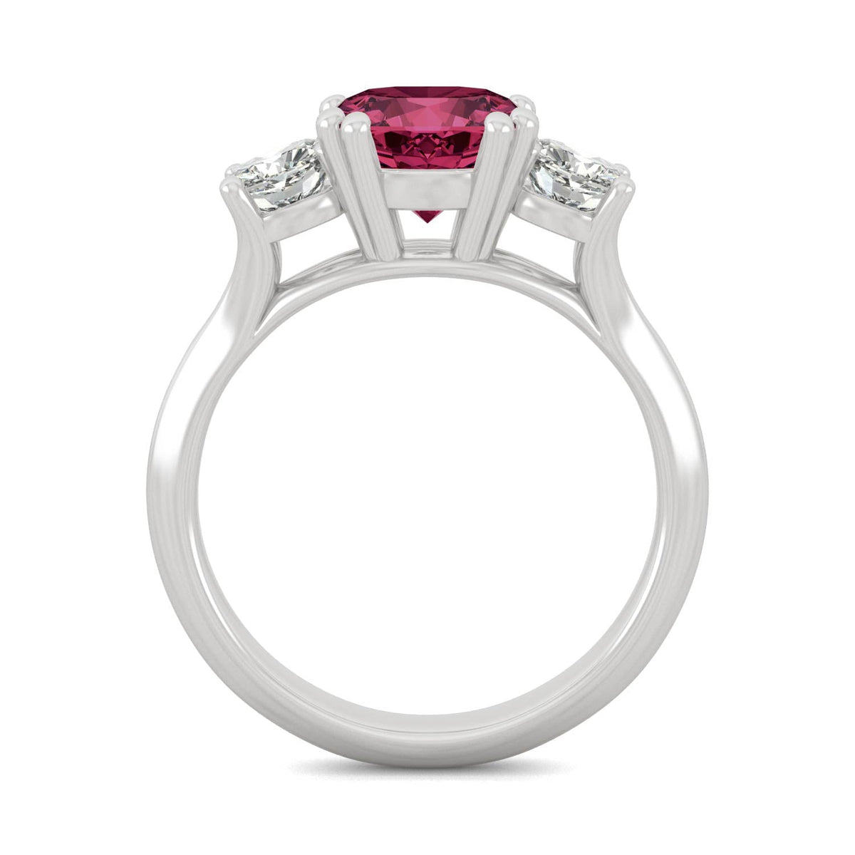 1.00 CTW DEW Cushion Created Ruby Three-Stone Ring in 14K White Gold
