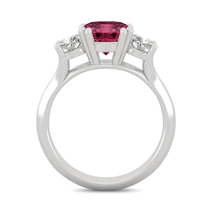 1.00 CTW DEW Cushion Created Ruby Three-Stone Ring in 14K White Gold