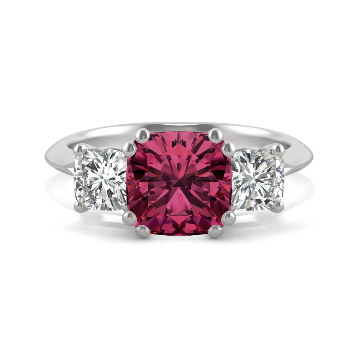 1.00 CTW DEW Cushion Created Ruby Three-Stone Ring in 14K White Gold