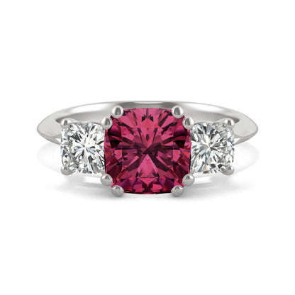1.00 CTW DEW Cushion Created Ruby Three-Stone Ring in 14K White Gold