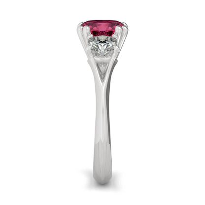 1.00 CTW DEW Cushion Created Ruby Three-Stone Ring in 14K White Gold