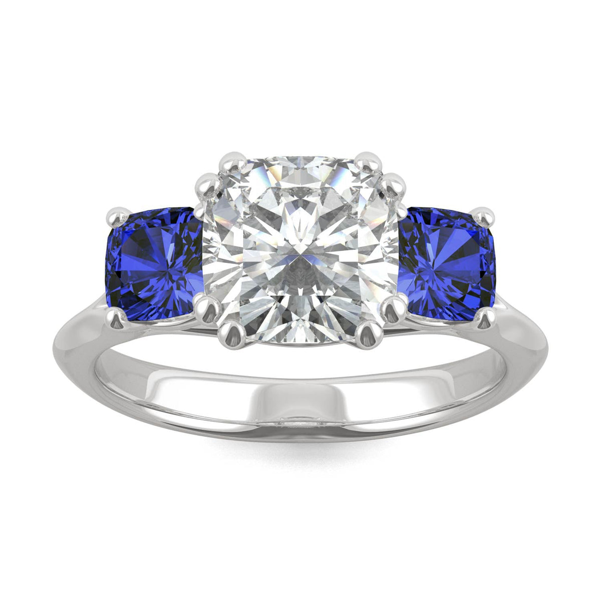 3.40 CTW DEW Cushion Moissanite and Created Sapphire Ring in 14K White Gold