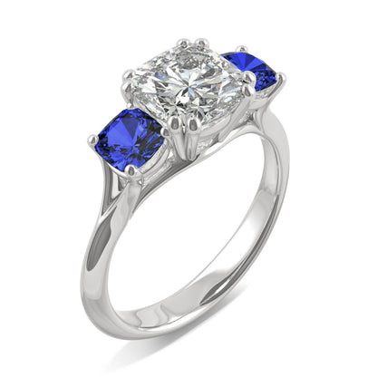 3.40 CTW DEW Cushion Moissanite and Created Sapphire Ring in 14K White Gold