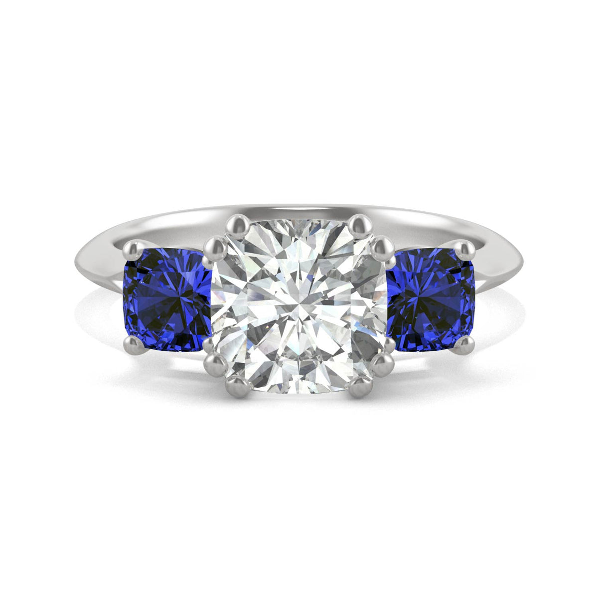 3.40 CTW DEW Cushion Moissanite and Created Sapphire Ring in 14K White Gold