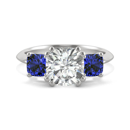 3.40 CTW DEW Cushion Moissanite and Created Sapphire Ring in 14K White Gold