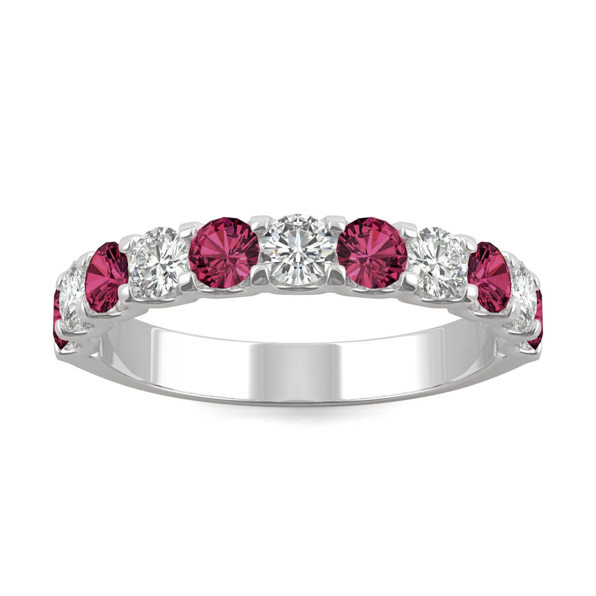 1.58 CTW DEW Round Moissanite and Created Ruby Band in 14K White Gold