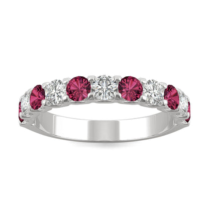 1.58 CTW DEW Round Moissanite and Created Ruby Band in 14K White Gold