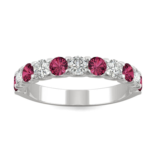 1.58 CTW DEW Round Moissanite and Created Ruby Band in 14K White Gold