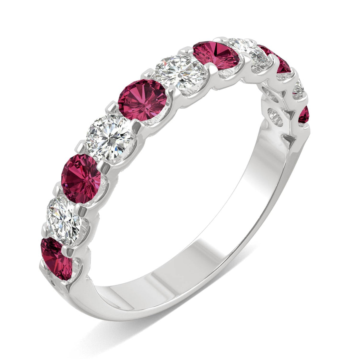 1.58 CTW DEW Round Moissanite and Created Ruby Band in 14K White Gold