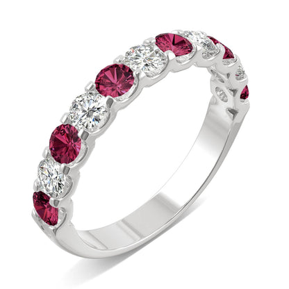 1.58 CTW DEW Round Moissanite and Created Ruby Band in 14K White Gold