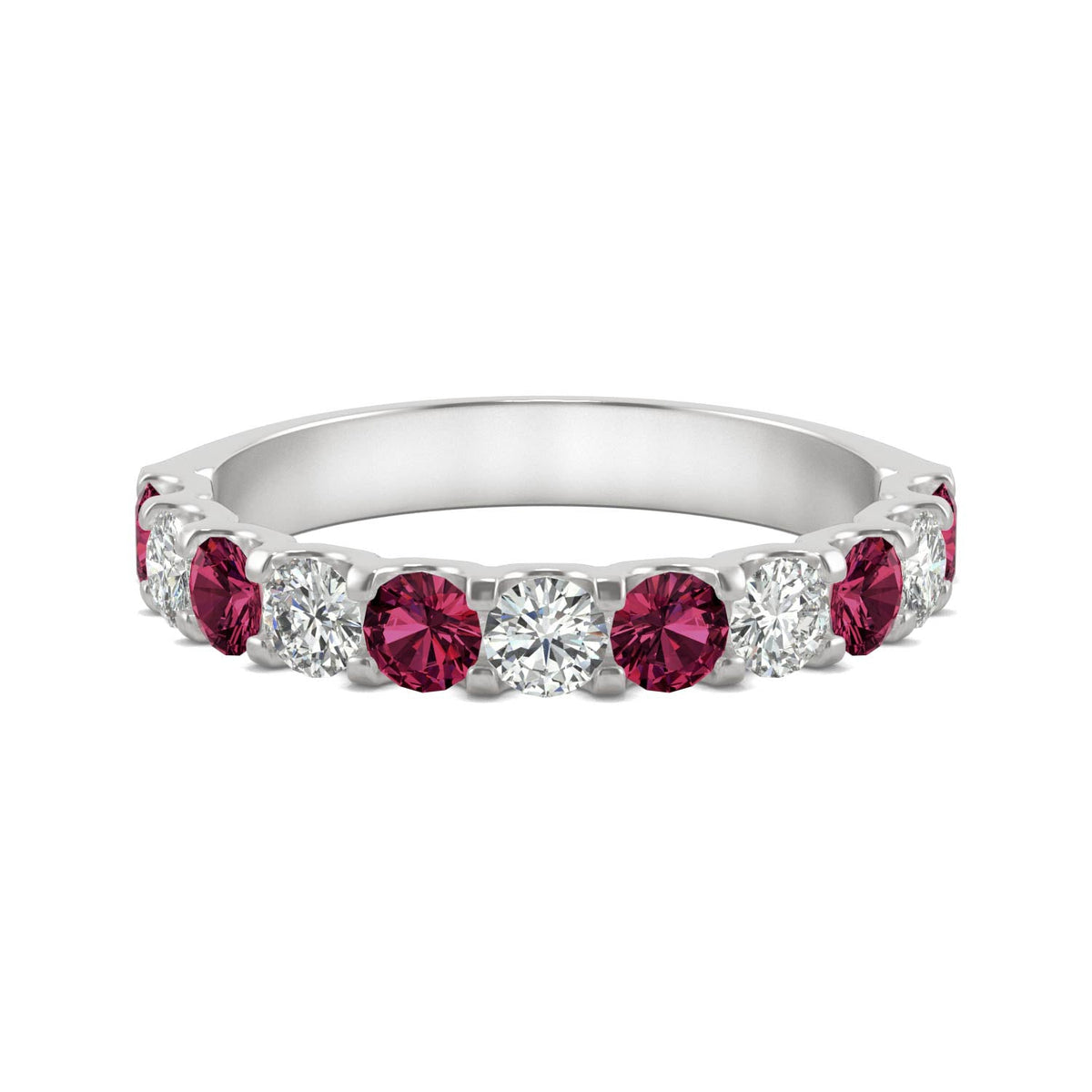 1.58 CTW DEW Round Moissanite and Created Ruby Band in 14K White Gold