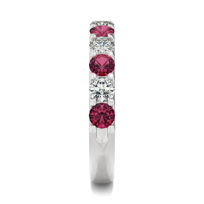 1.58 CTW DEW Round Moissanite and Created Ruby Band in 14K White Gold
