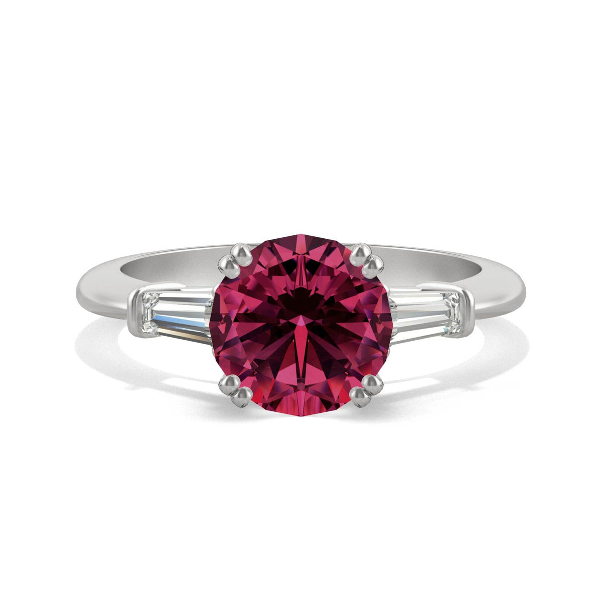 3.07 CTW DEW Round Ruby Three-Stone Basket Ring in 14K White Gold