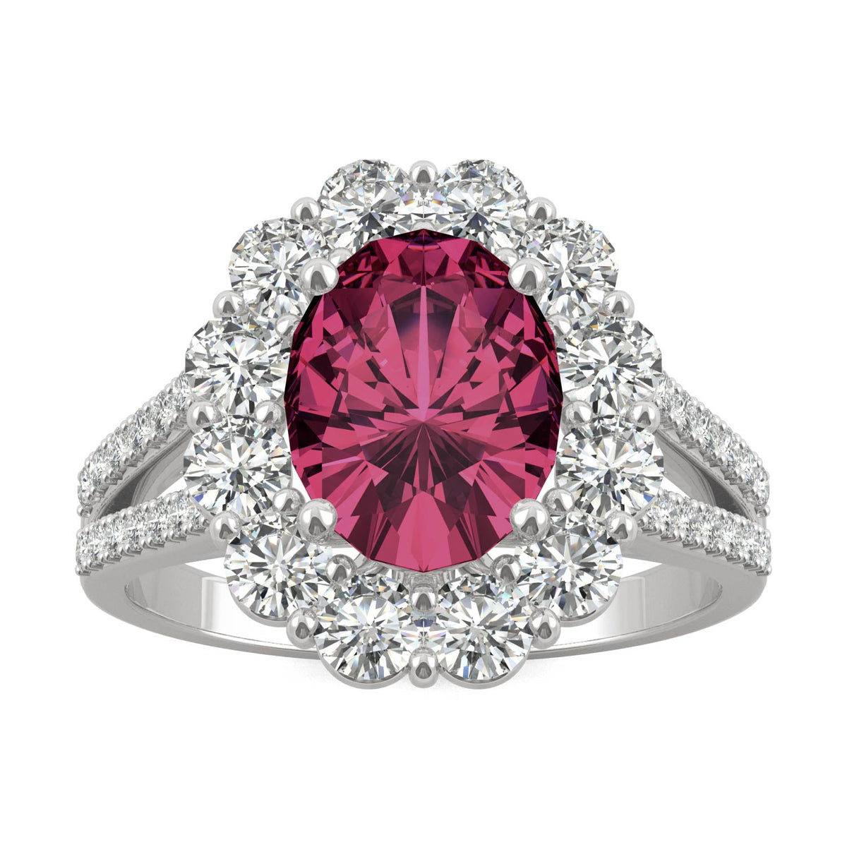 3.24 CTW DEW Oval Ruby Halo Ring in 14K White Gold
