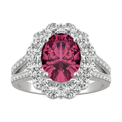 3.24 CTW DEW Oval Ruby Halo Ring in 14K White Gold