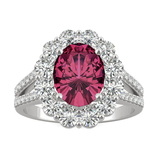 3.24 CTW DEW Oval Ruby Halo Ring in 14K White Gold