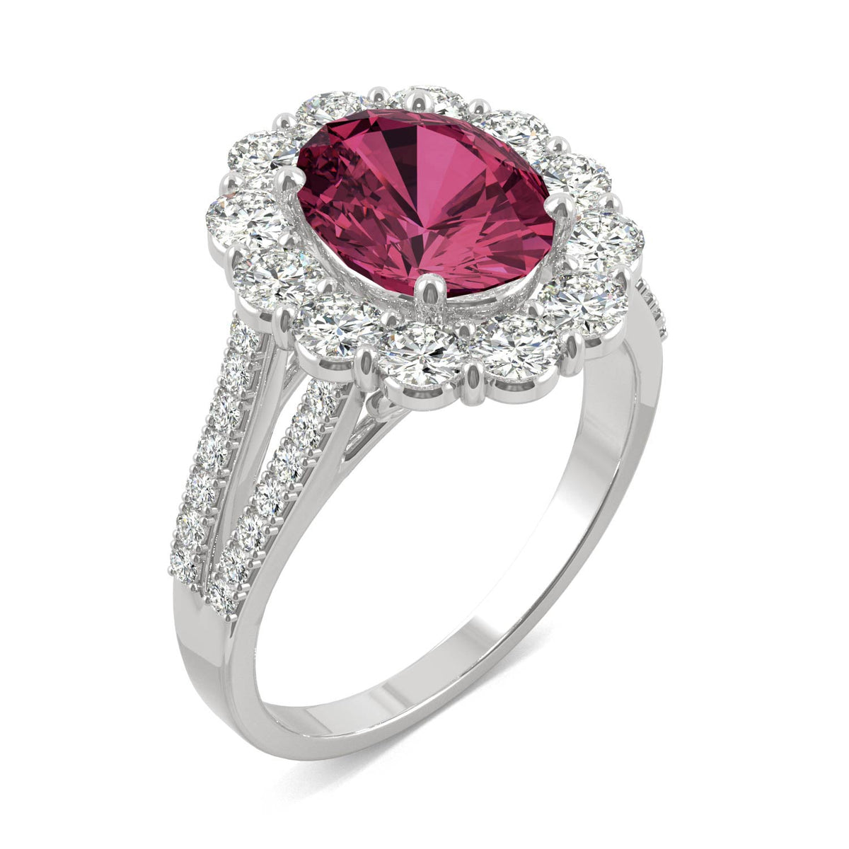 3.24 CTW DEW Oval Ruby Halo Ring in 14K White Gold