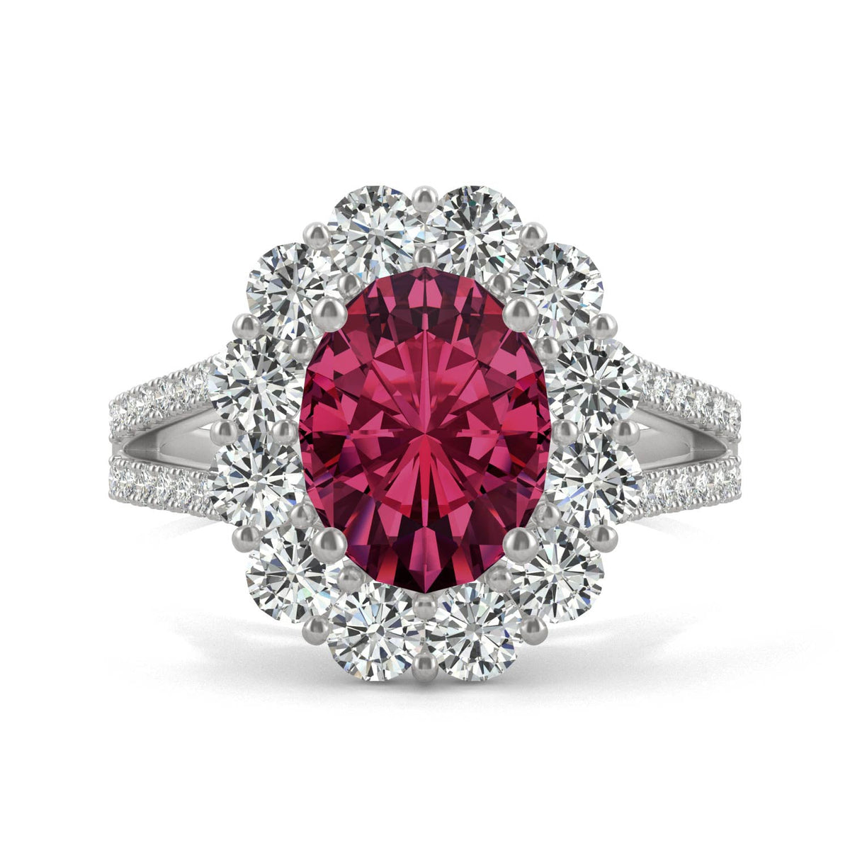 3.24 CTW DEW Oval Ruby Halo Ring in 14K White Gold