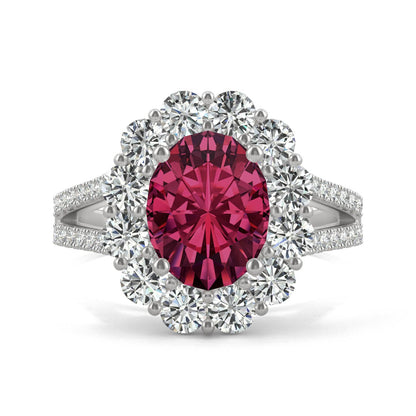 3.24 CTW DEW Oval Ruby Halo Ring in 14K White Gold