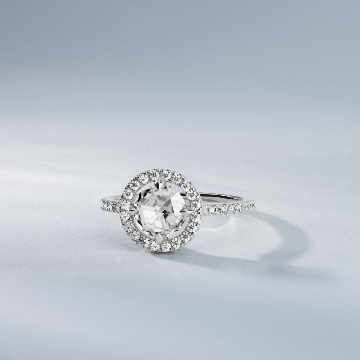 1.56 CTW DEW Round Rose-Cut Moissanite Halo Ring in 14K White Gold