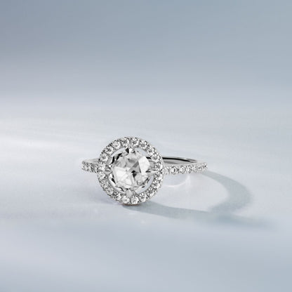 1.56 CTW DEW Round Rose-Cut Moissanite Halo Ring in 14K White Gold