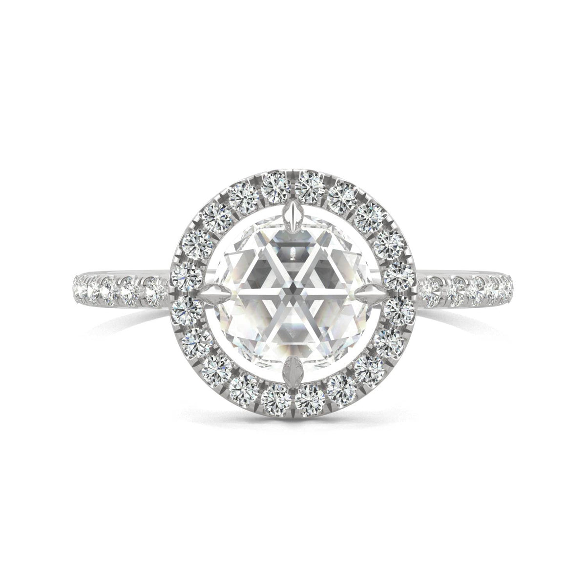 1.56 CTW DEW Round Rose-Cut Moissanite Halo Ring in 14K White Gold