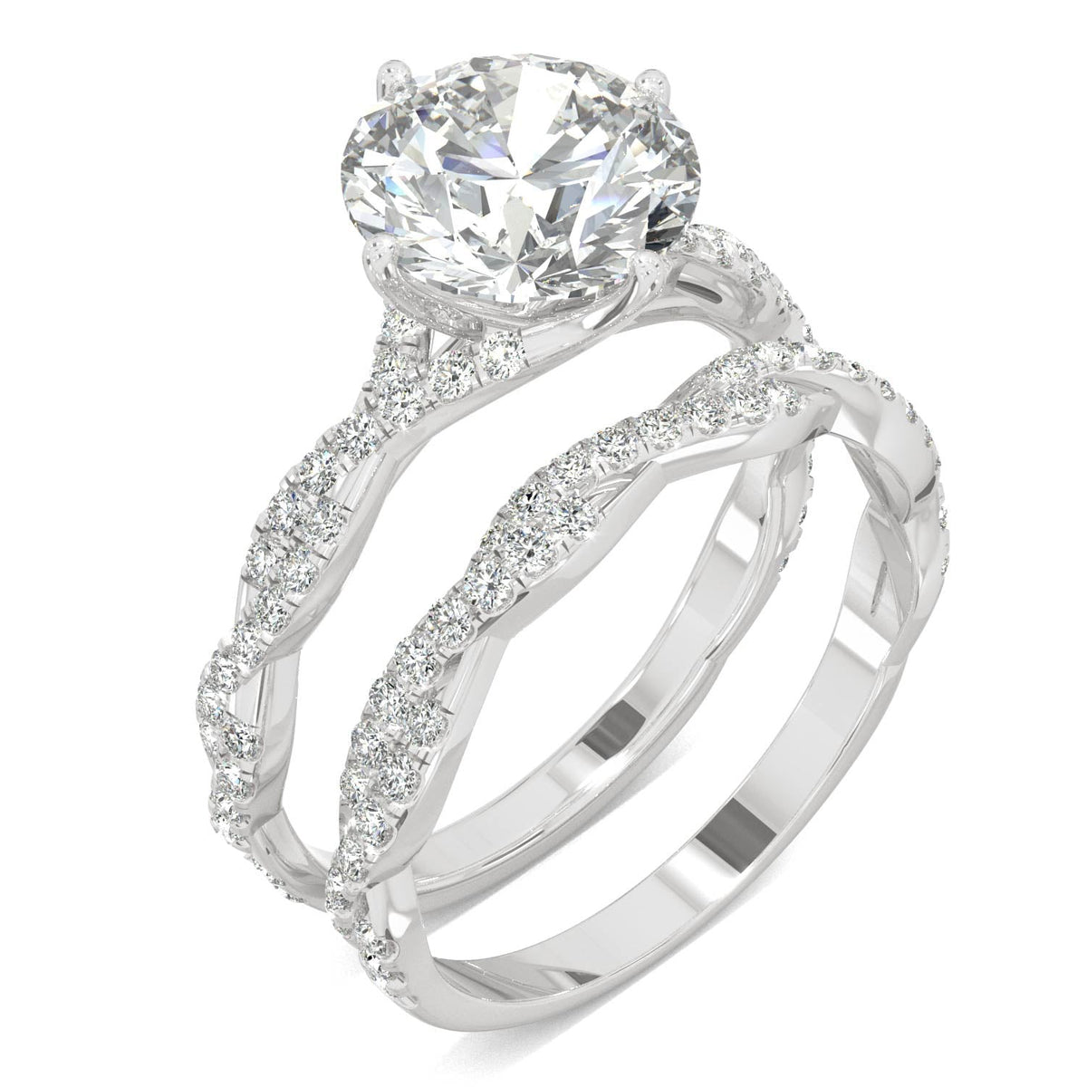 2.64 CTW DEW Round Moissanite Pavé Bridal Set in 14K White Gold